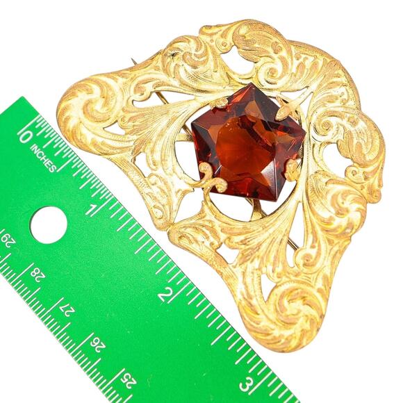 Antique Art Nouveau Gold Wash Brooch with Large Amber Glass Stone - Picture 9 of 9